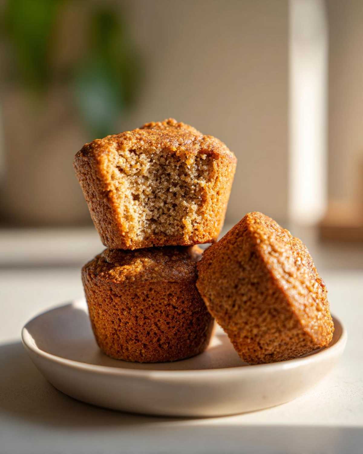 Three moist bran muffins stacked on a small plate, one with a bite taken out showing the texture.