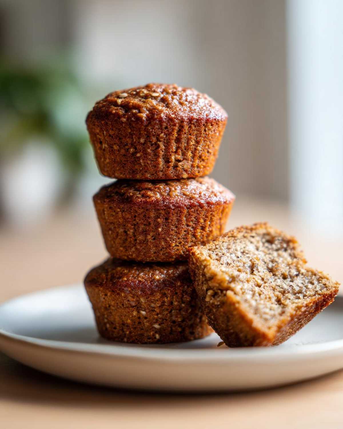 A stack of three moist bran muffins on a plate, with one muffin cut in half showing the textured interior.