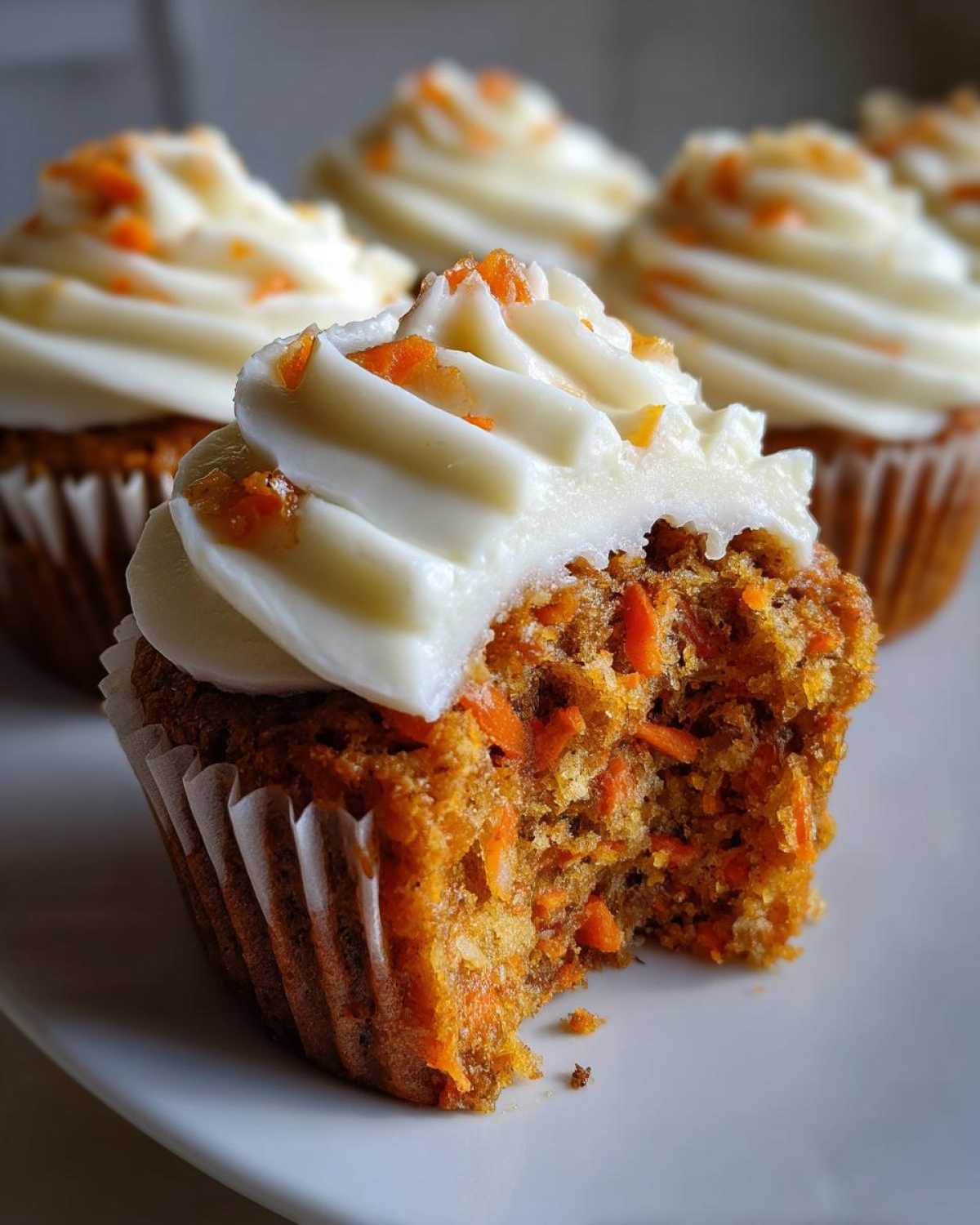 Close-up of a carrot cake muffin with a bite taken out, showing moist texture and cream cheese frosting.