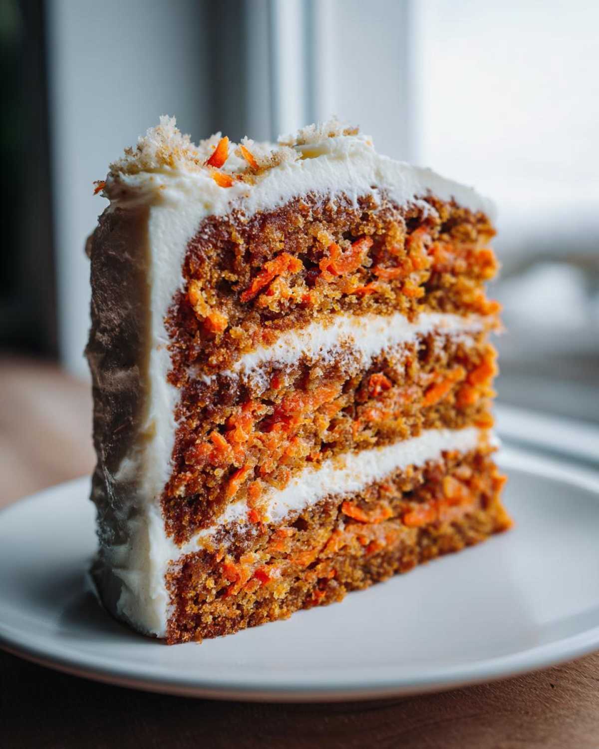 A tall, moist slice of carrot cake recipe showing three layers of spiced cake packed with shredded carrots and cream cheese frosting.