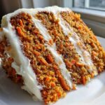Close-up of a thick slice of moist carrot cake recipe layers with rich cream cheese frosting.