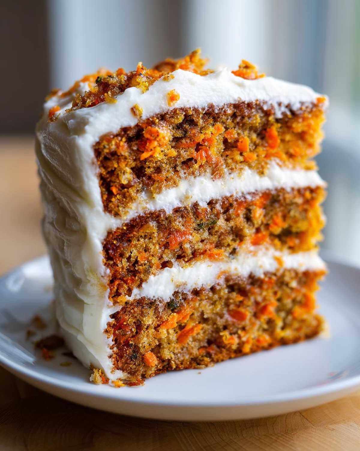 A tall, moist slice of carrot cake recipe with three layers of cake and thick cream cheese frosting.