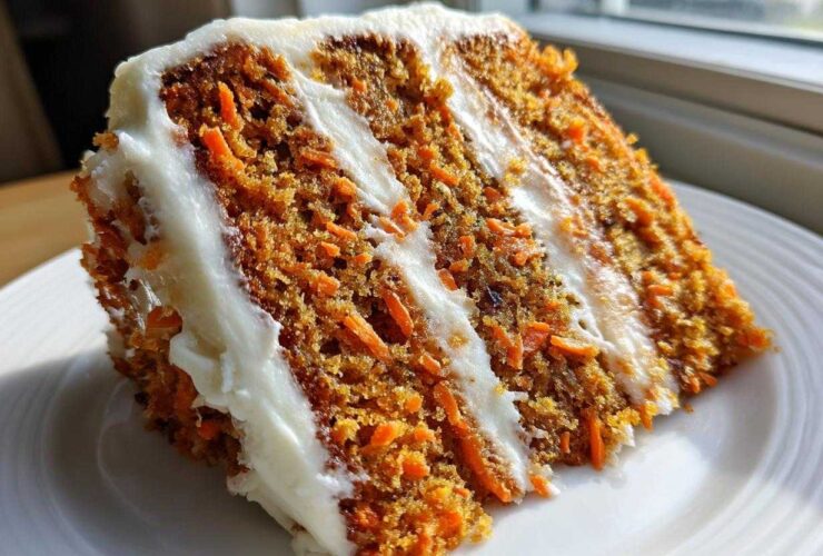 Close-up of a thick slice of moist carrot cake recipe layers with rich cream cheese frosting.