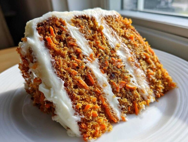 Close-up of a thick slice of moist carrot cake recipe layers with rich cream cheese frosting.