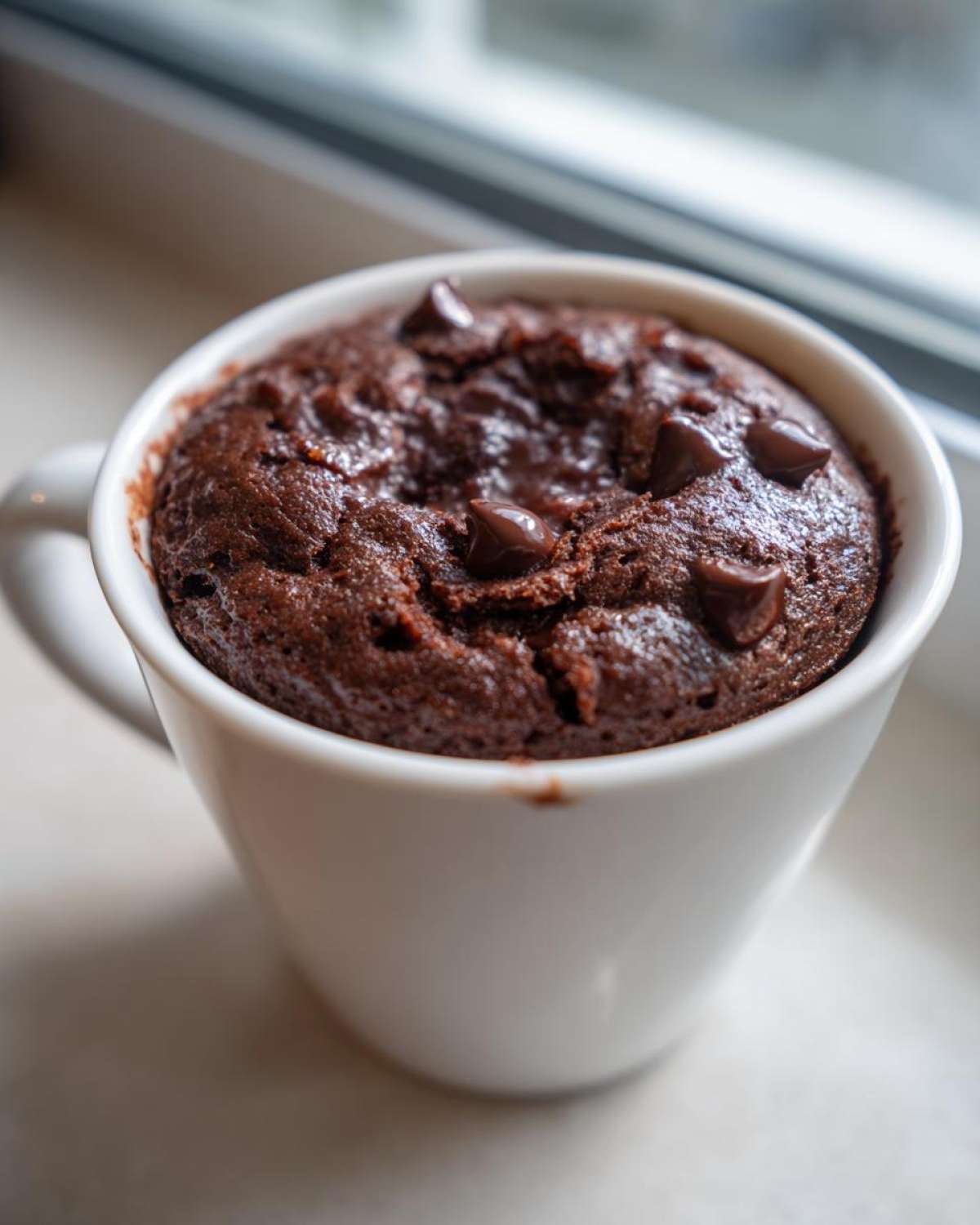 Close-up of a rich, dark chocolate chip mug cake baked inside a white mug.