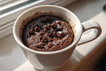 Close-up of a moist chocolate chip mug cake, baked in a white mug, sitting by a sunny window.