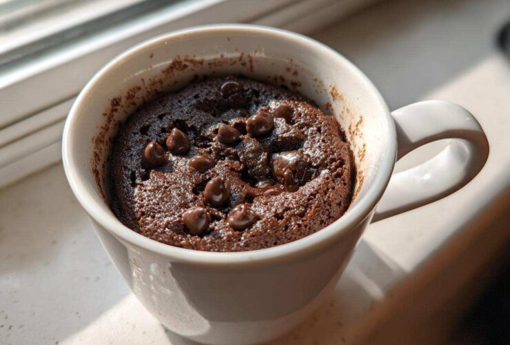 Close-up of a moist chocolate chip mug cake, baked in a white mug, sitting by a sunny window.