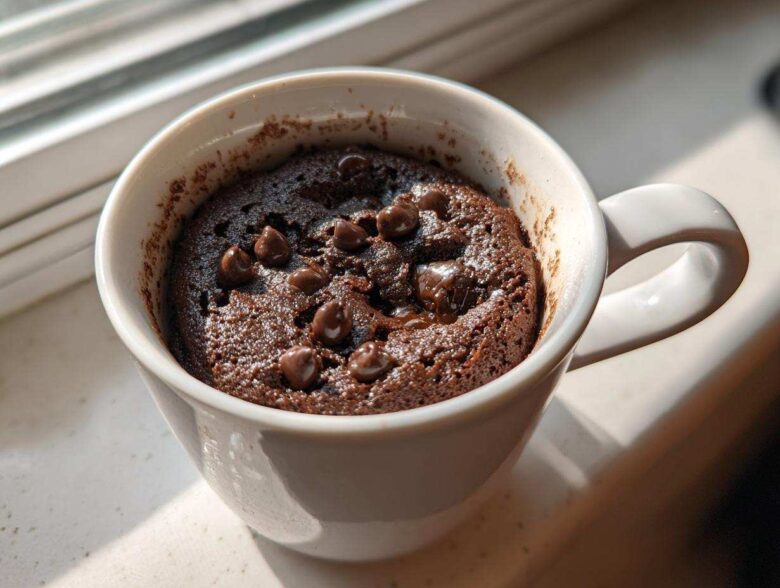 Close-up of a moist chocolate chip mug cake, baked in a white mug, sitting by a sunny window.