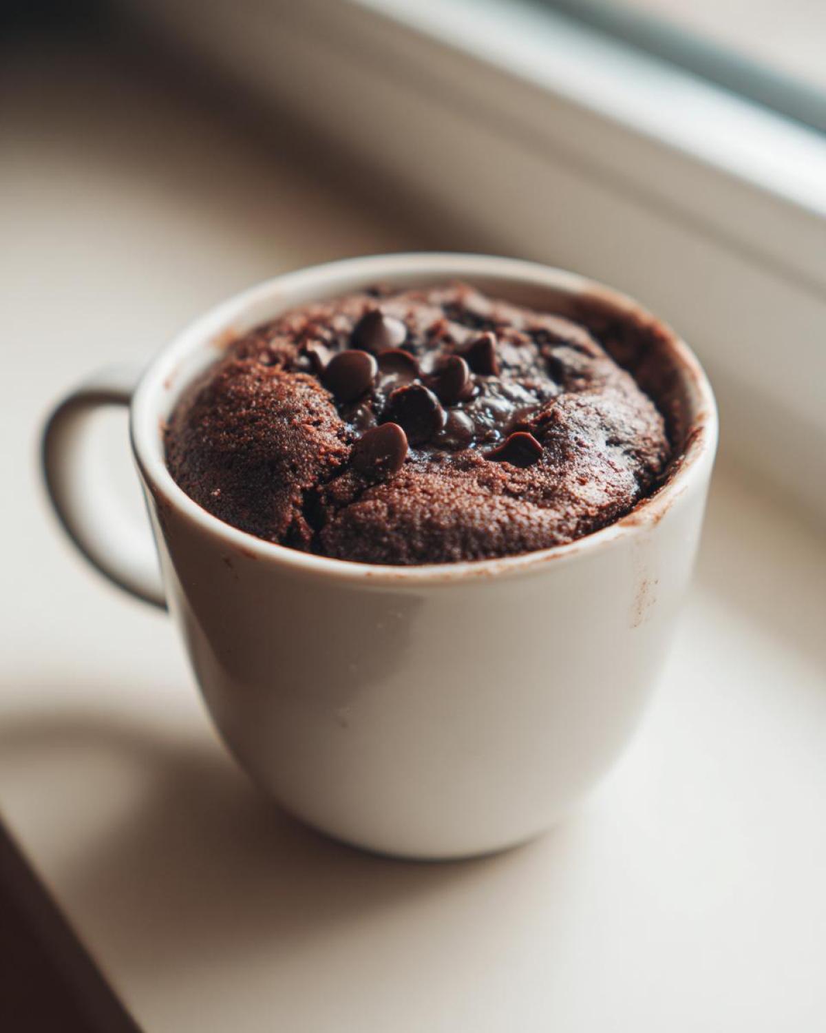 A freshly baked, moist chocolate mug cake topped with chocolate chips, sitting in a white mug.