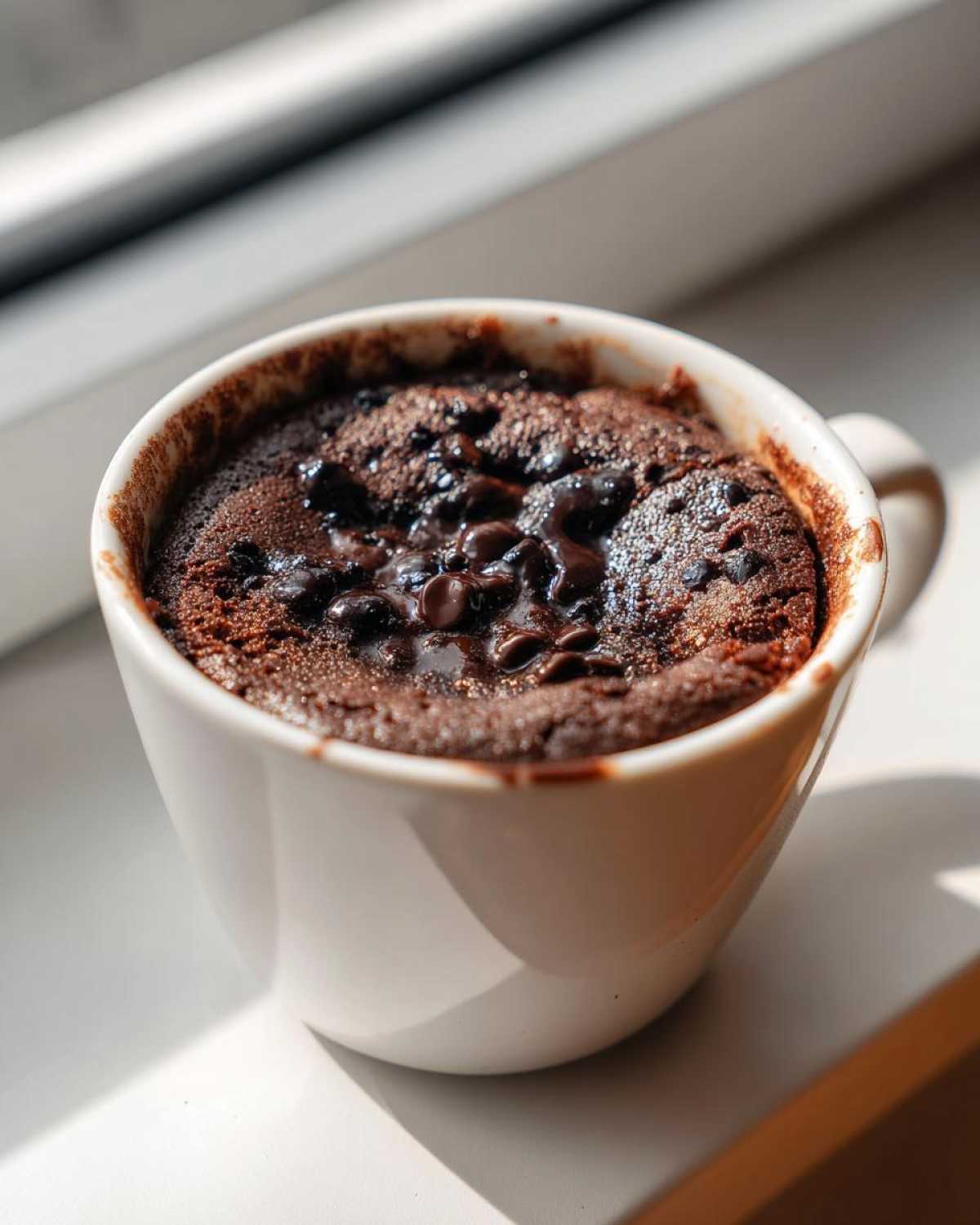 Close-up of a moist chocolate mug cake topped with melted chocolate chips, ready to eat.