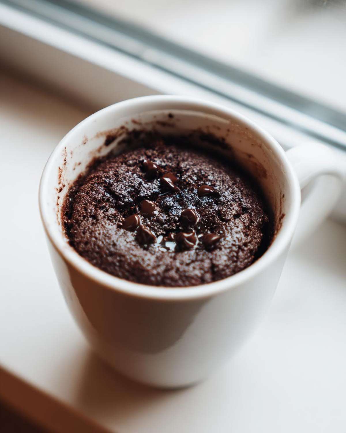 Close-up of a rich, moist chocolate mug cake topped with melted chocolate chips, sitting in a white mug.