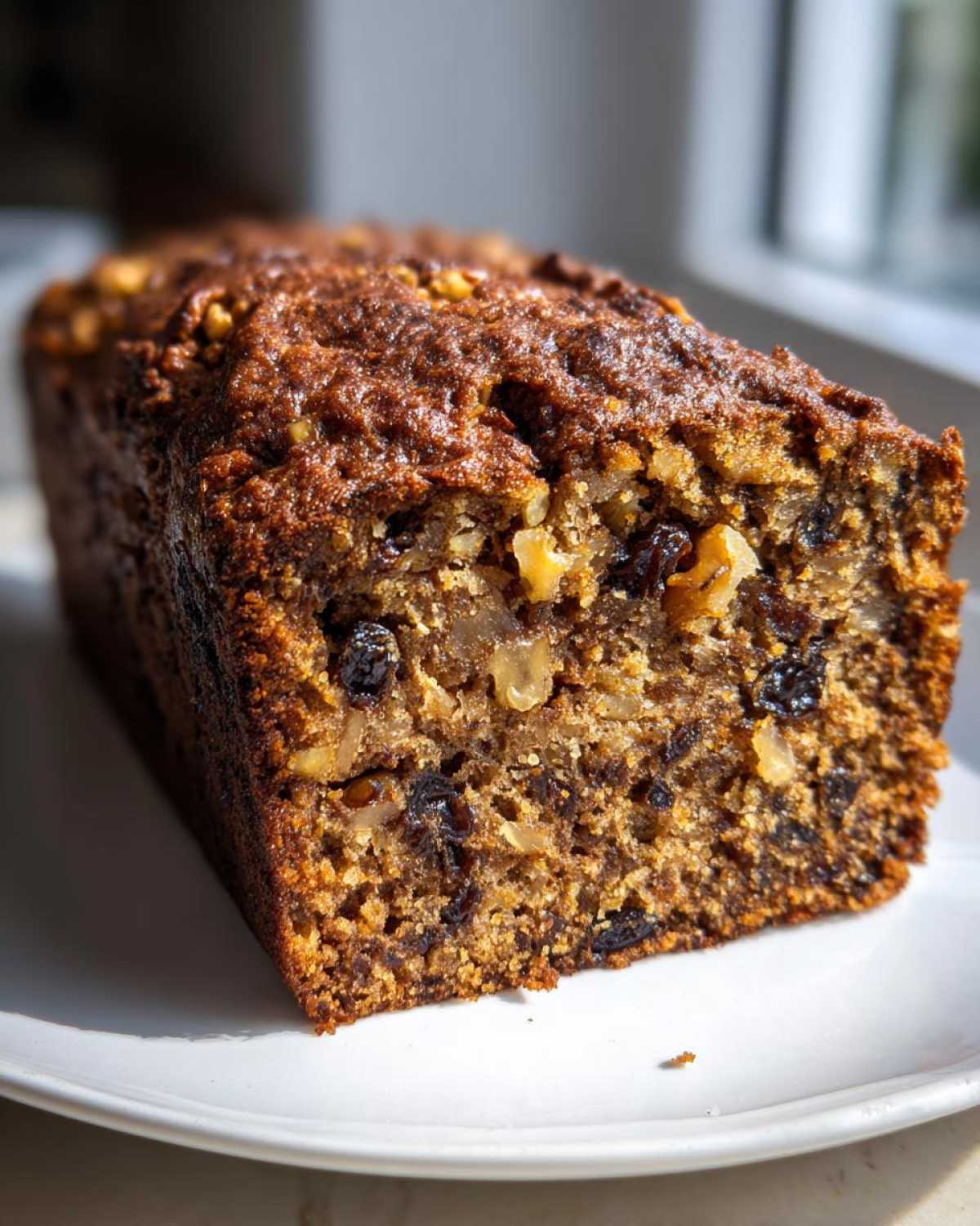 Close-up of a moist loaf of date nut bread, showing visible walnuts and raisins baked inside.