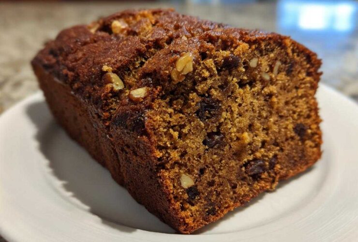 A close-up of a moist, dark brown date nut bread loaf, showing raisins and walnuts baked inside, resting on a white plate.