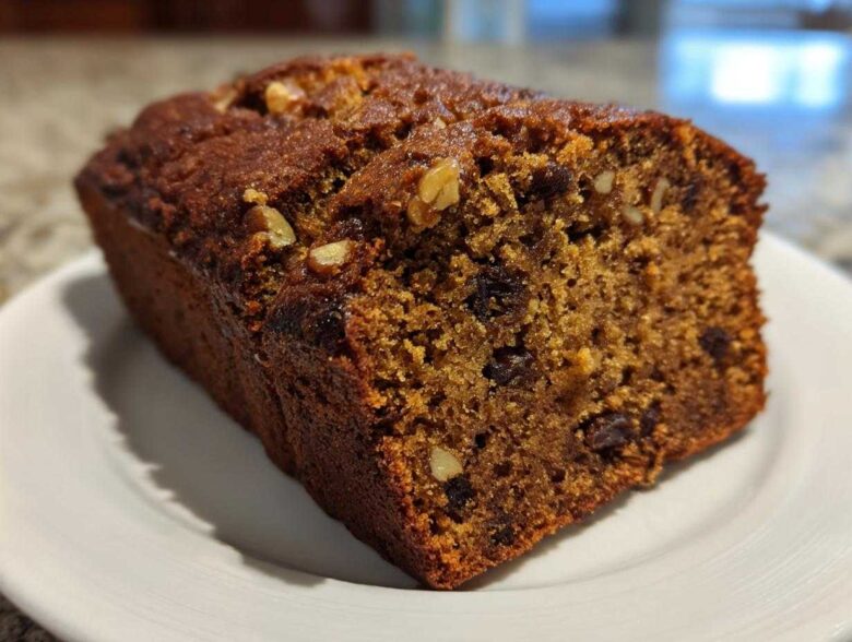 A close-up of a moist, dark brown date nut bread loaf, showing raisins and walnuts baked inside, resting on a white plate.