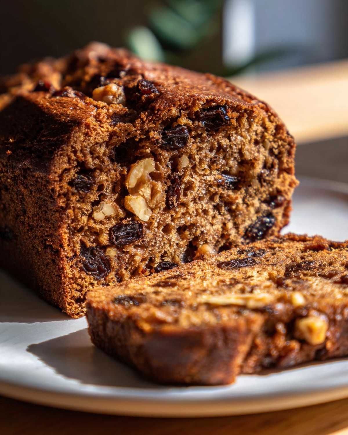 Close-up of a moist date nut bread loaf with a slice cut, showing visible raisins and walnuts throughout.
