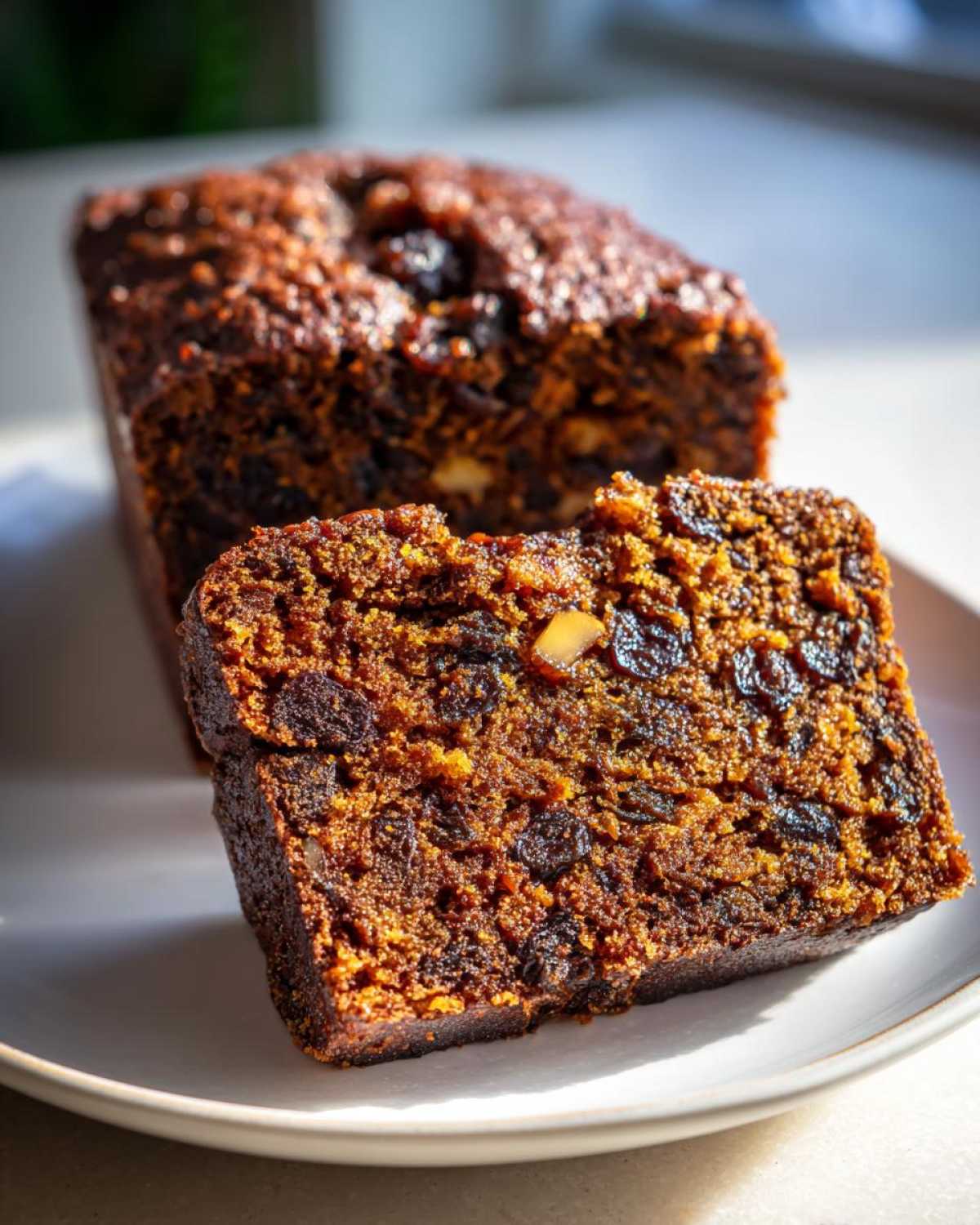 A thick slice of moist date nut bread, showing visible raisins and nuts, resting in front of the loaf.