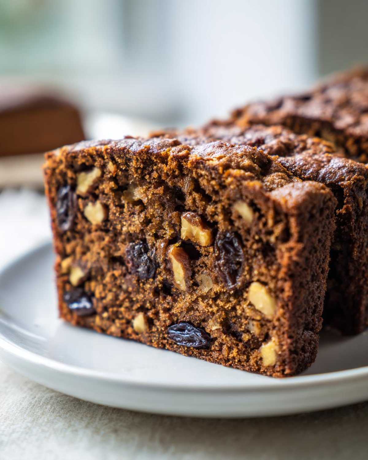 Close-up of moist slices of date nut bread packed with walnuts and raisins on a white plate.