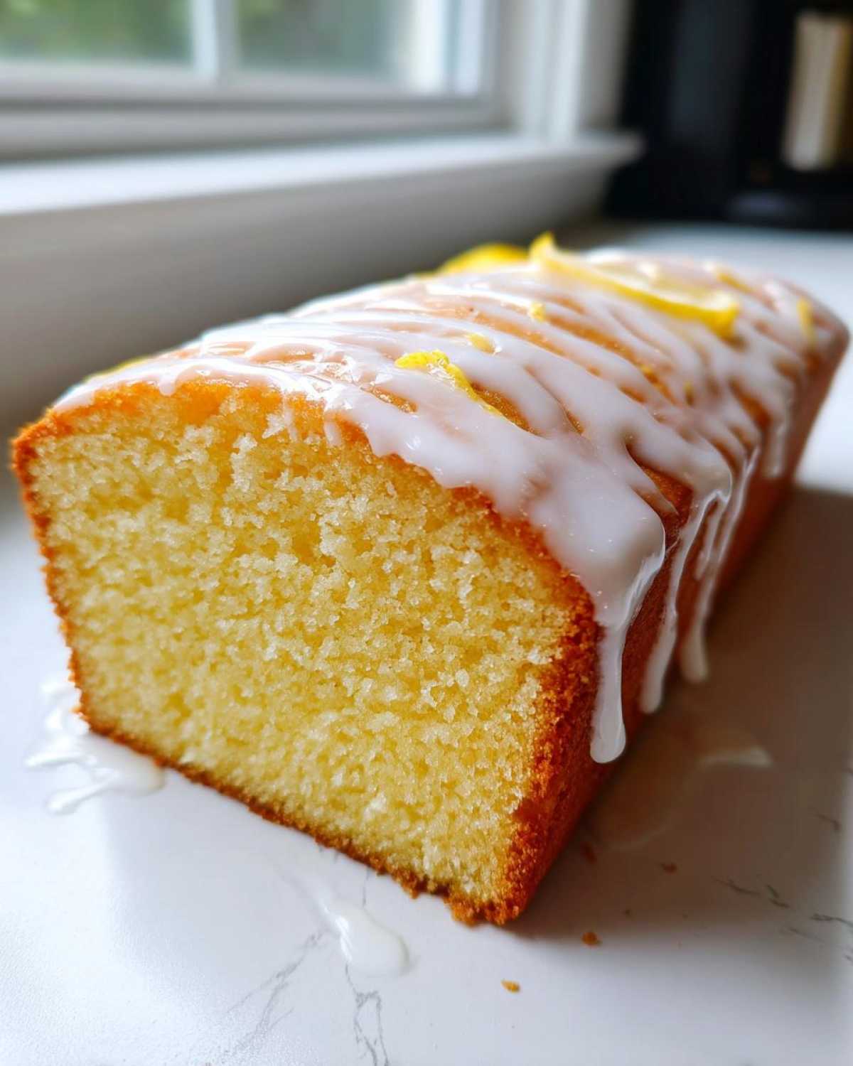 A close-up view of a moist lemon pound cake loaf, drizzled with white glaze and topped with lemon zest.