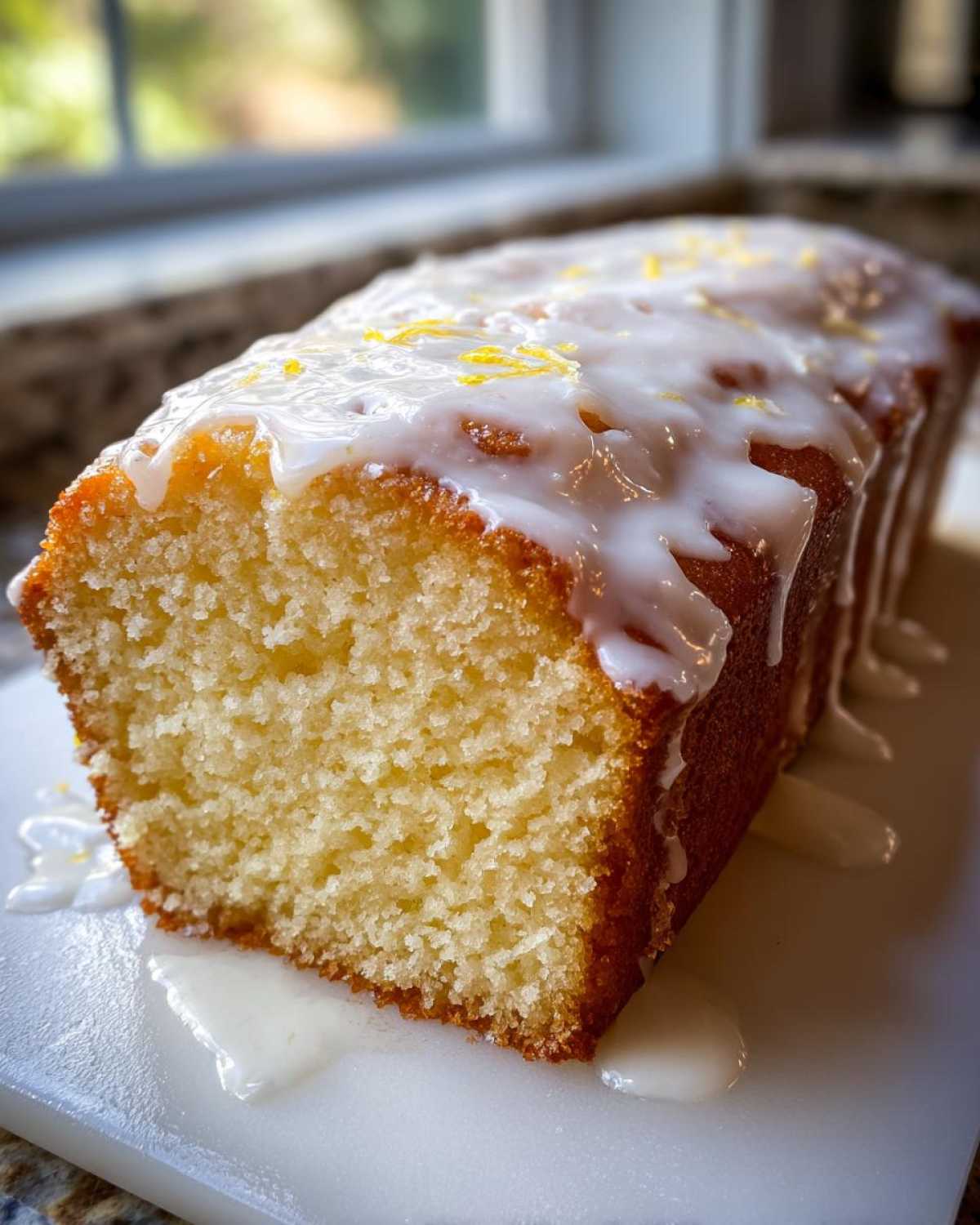Close-up of a slice of moist lemon pound cake topped with thick white glaze and lemon zest.