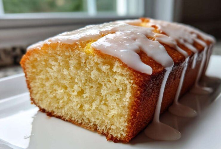 Close-up of a moist lemon pound cake loaf, sliced to show texture, topped with thick white lemon glaze dripping down the sides.