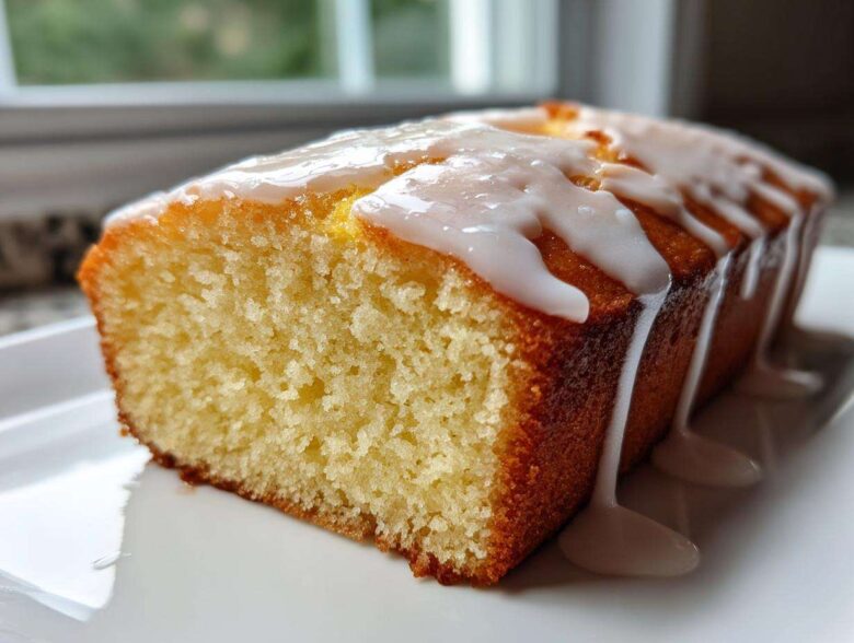 Close-up of a moist lemon pound cake loaf, sliced to show texture, topped with thick white lemon glaze dripping down the sides.