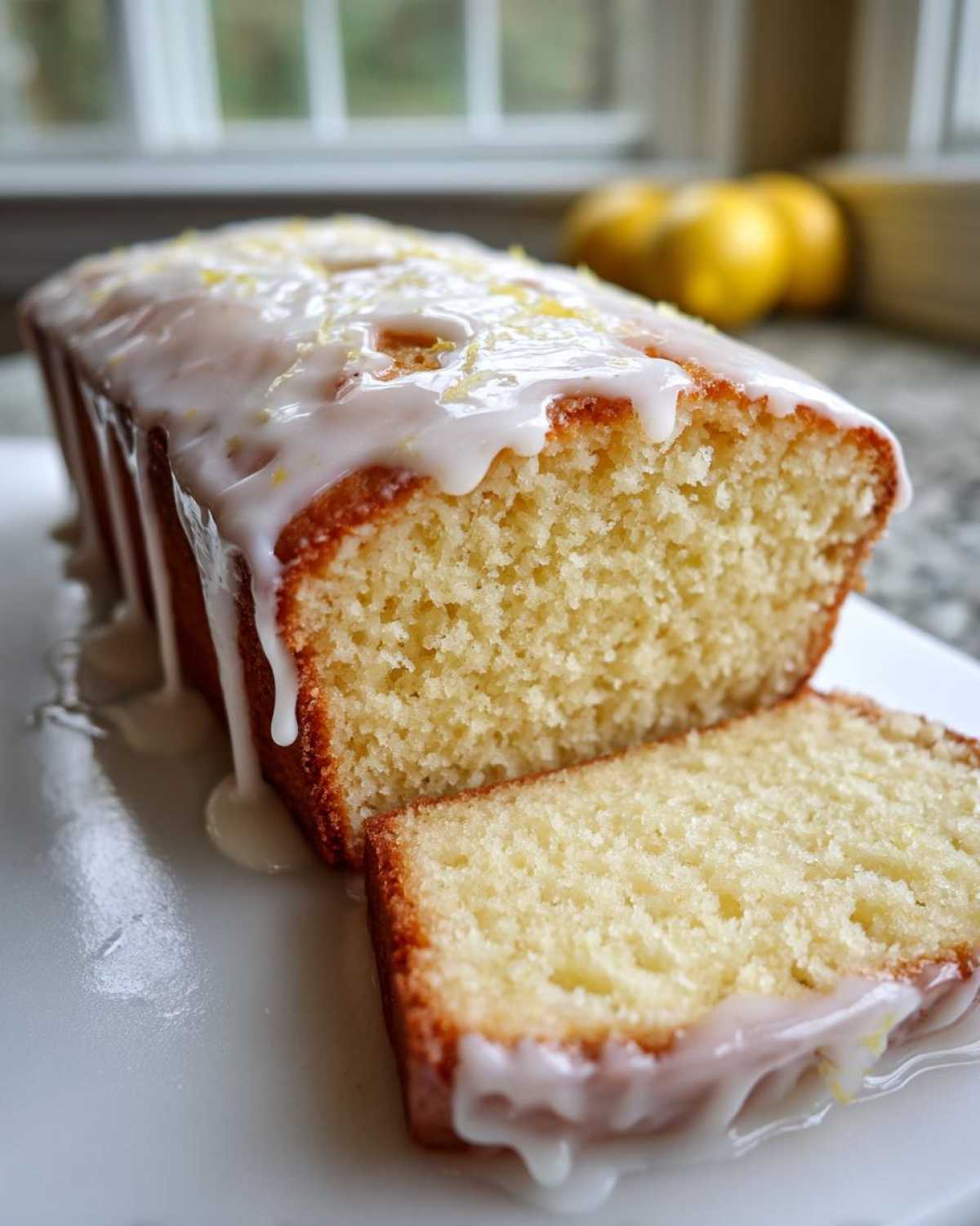 Close-up of a moist lemon pound cake loaf, sliced, drizzled with white glaze and lemon zest.