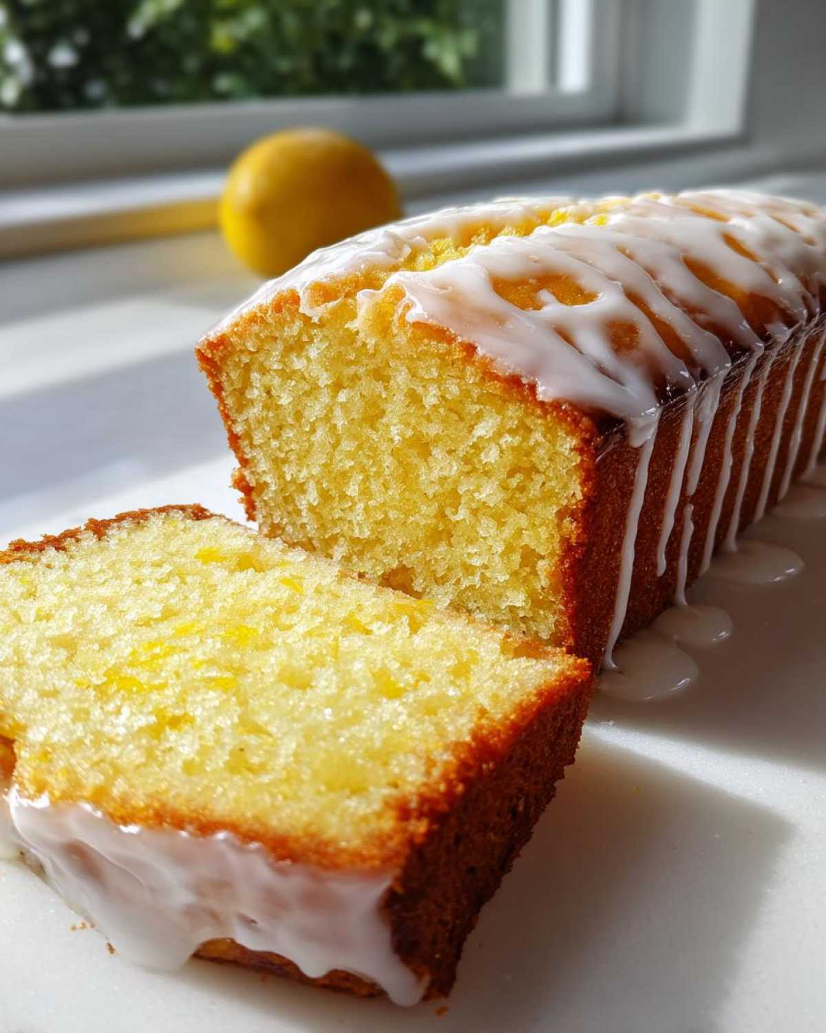 Close-up of a moist lemon pound cake, sliced, showing the crumb texture and thick white lemon glaze.