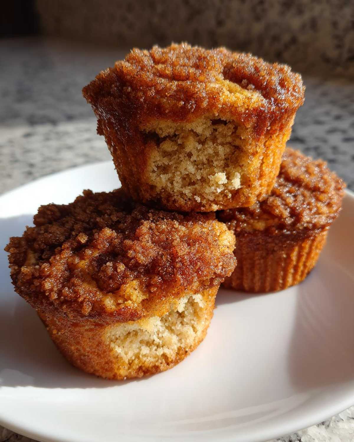 Three moist oatmeal muffins stacked on a white plate, featuring a rich, sugary brown crumb topping.