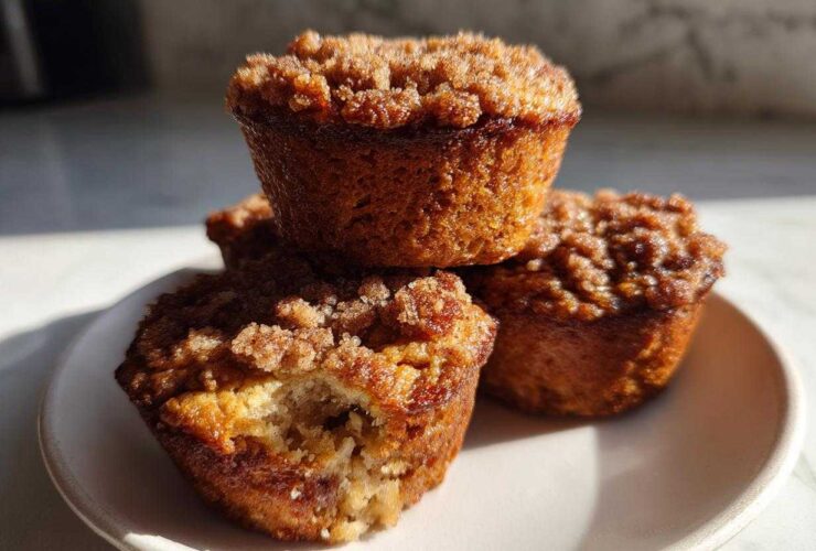 A stack of three golden brown oatmeal muffins with a sugary crumb topping, one muffin is broken open slightly.