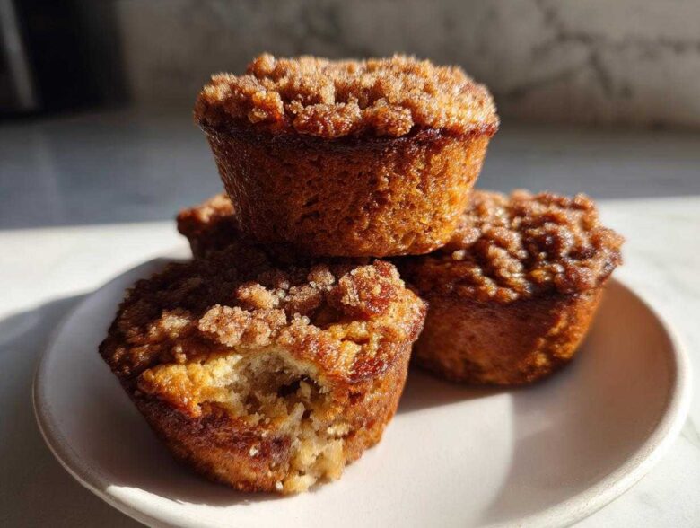 A stack of three golden brown oatmeal muffins with a sugary crumb topping, one muffin is broken open slightly.
