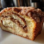 Close-up of a moist slice of sour cream coffee cake showing the tender crumb and cinnamon swirl filling.