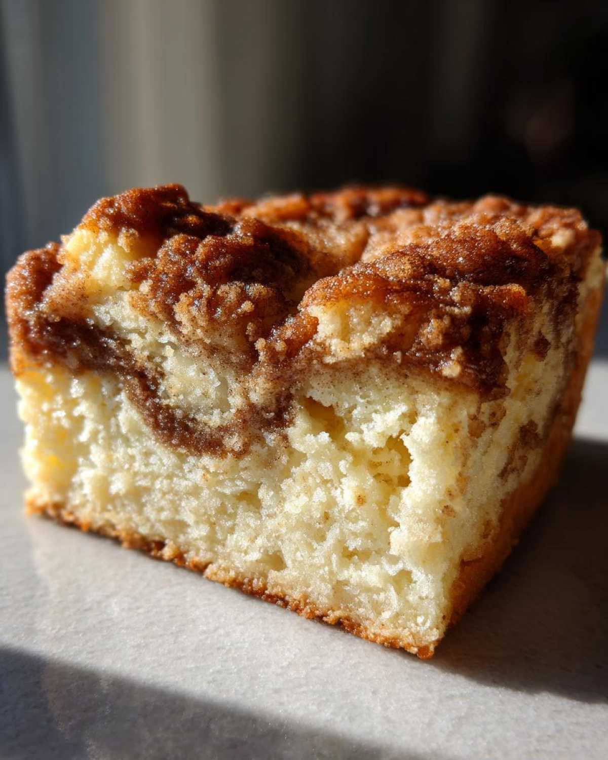 Close-up of a moist slice of sour cream coffee cake showing the tender crumb and rich cinnamon streusel topping.