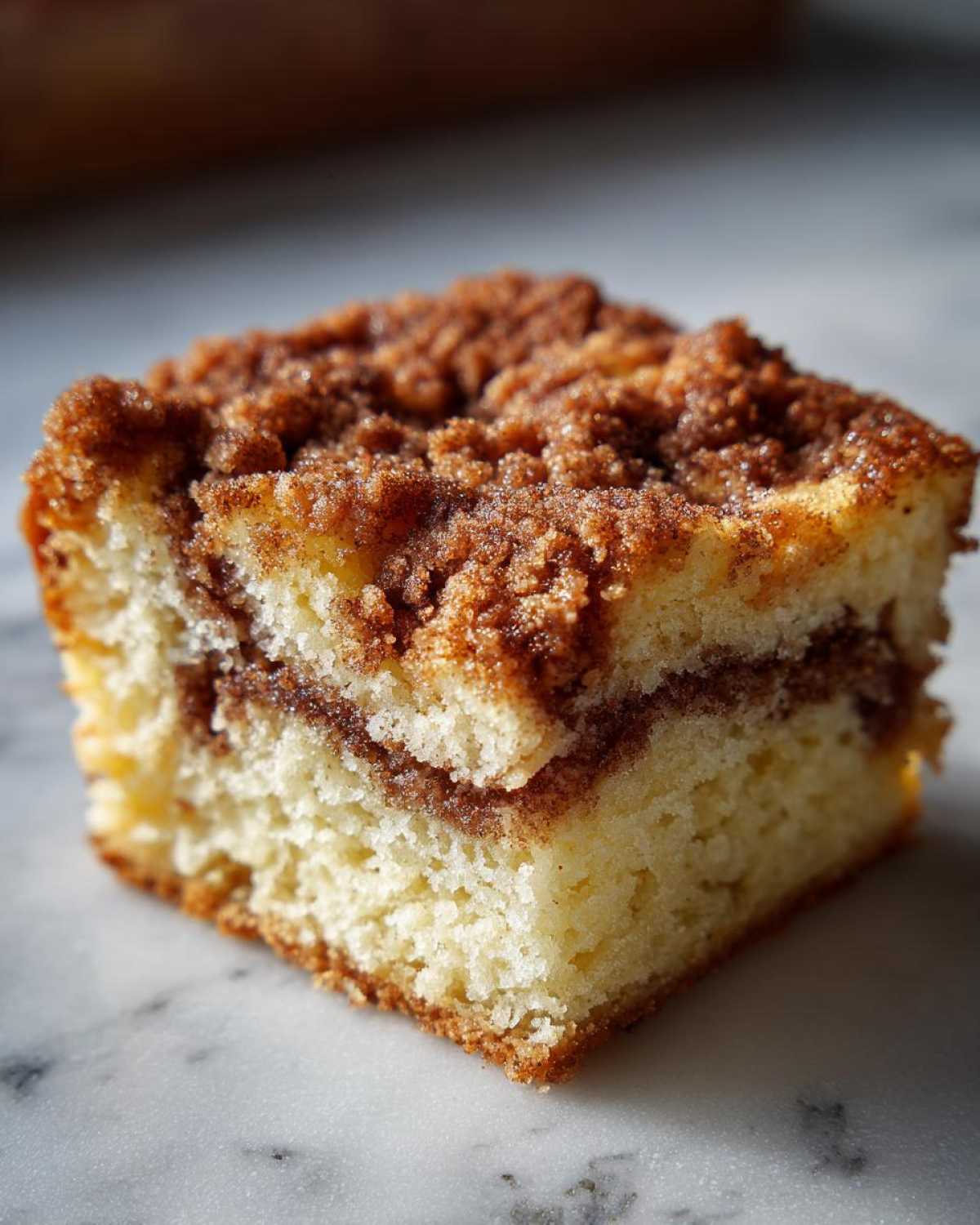 Close-up of a moist slice of sour cream coffee cake featuring a thick cinnamon swirl and crumbly streusel topping.