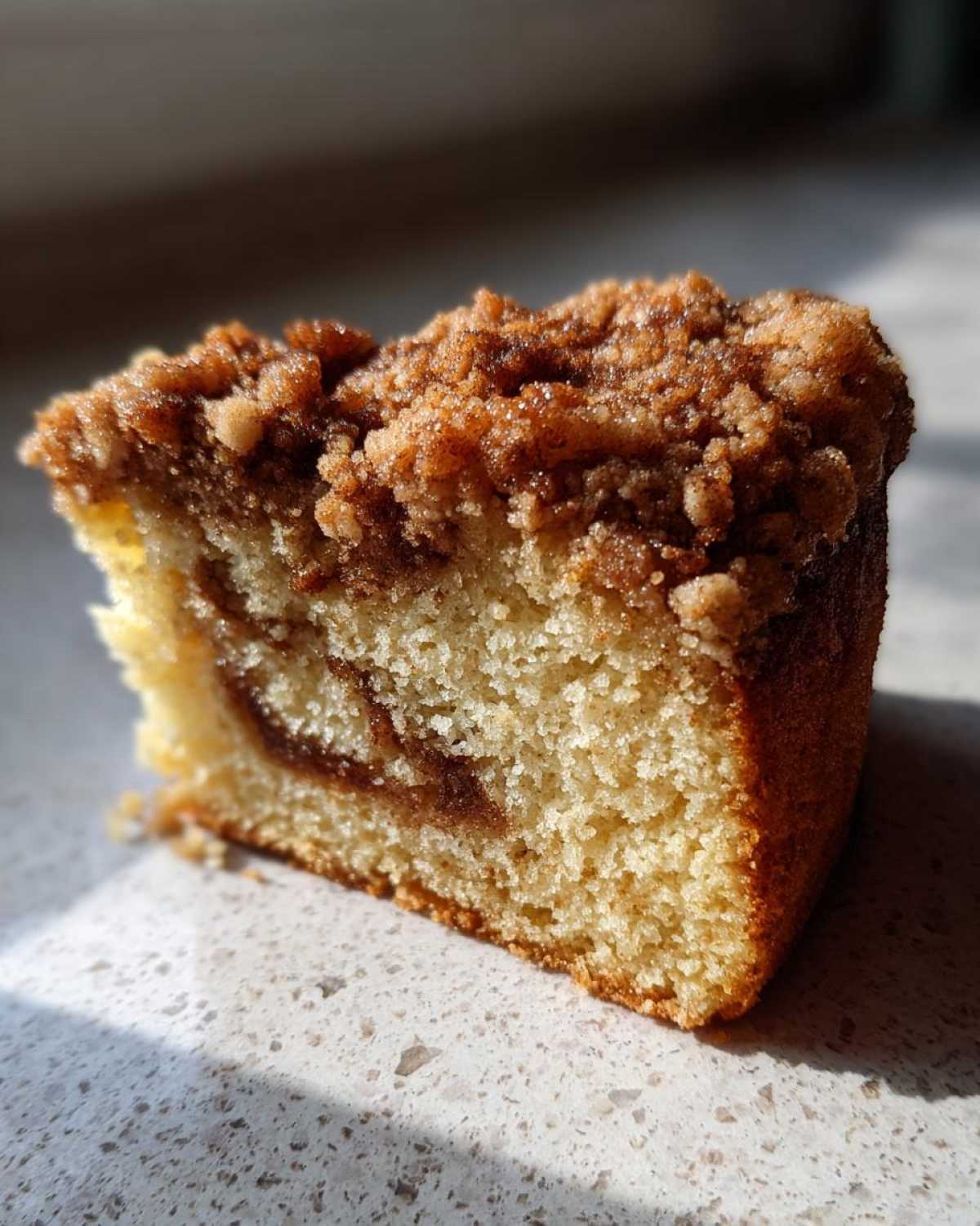 Close-up of a moist slice of sour cream coffee cake showing the cinnamon swirl and thick crumbly streusel topping.