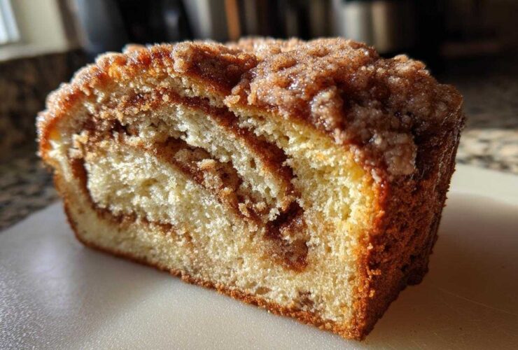 Close-up of a moist slice of sour cream coffee cake showing the tender crumb and cinnamon swirl filling.