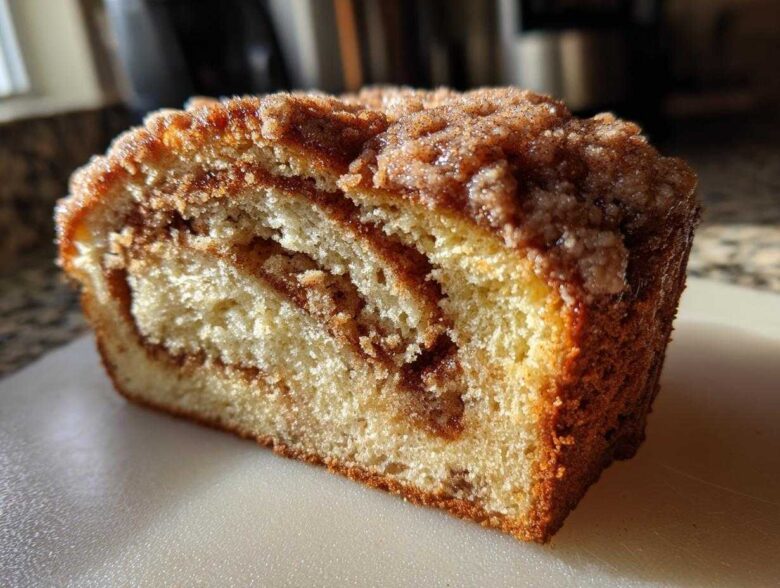 Close-up of a moist slice of sour cream coffee cake showing the tender crumb and cinnamon swirl filling.