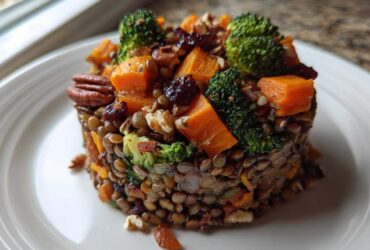 A beautifully molded serving of veggie lentil salad featuring lentils, orange sweet potato, green broccoli florets, pecans, and dried cranberries.