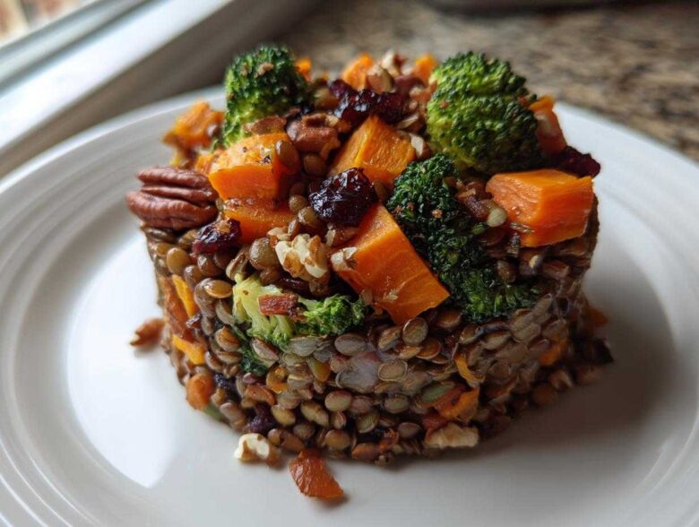 A beautifully molded serving of veggie lentil salad featuring lentils, orange sweet potato, green broccoli florets, pecans, and dried cranberries.