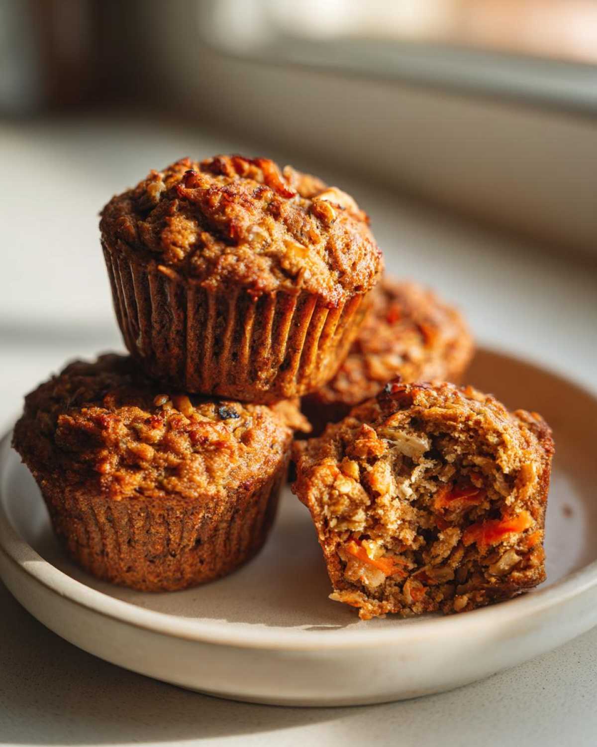 A stack of four moist morning glory muffins on a light plate, one broken open showing carrots and oats.