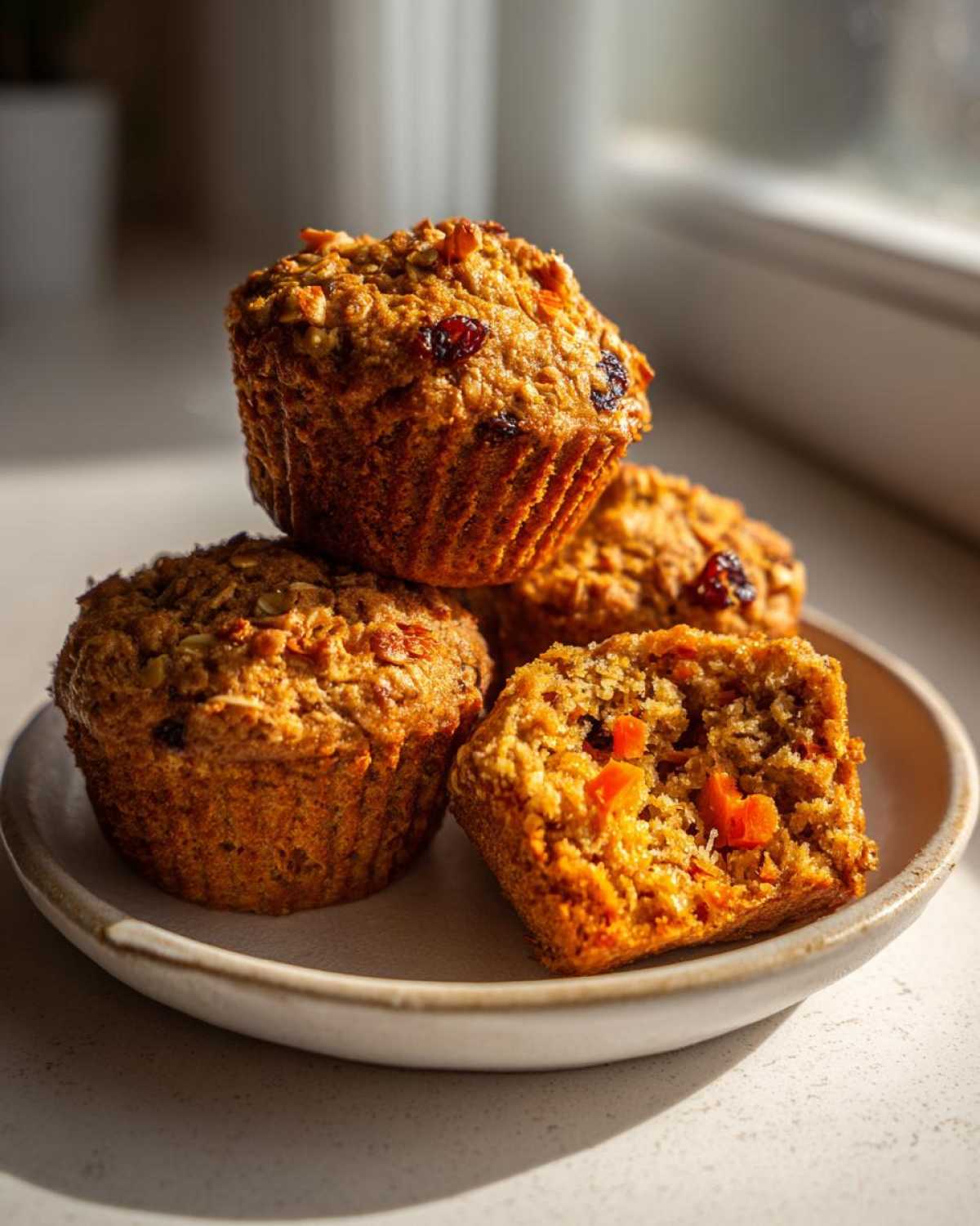 A stack of four moist morning glory muffins on a plate, with one muffin cut in half showing carrots and raisins.