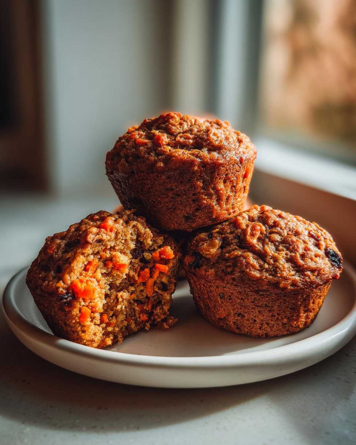 Three freshly baked morning glory muffins stacked on a white plate, one broken open showing carrots and raisins.
