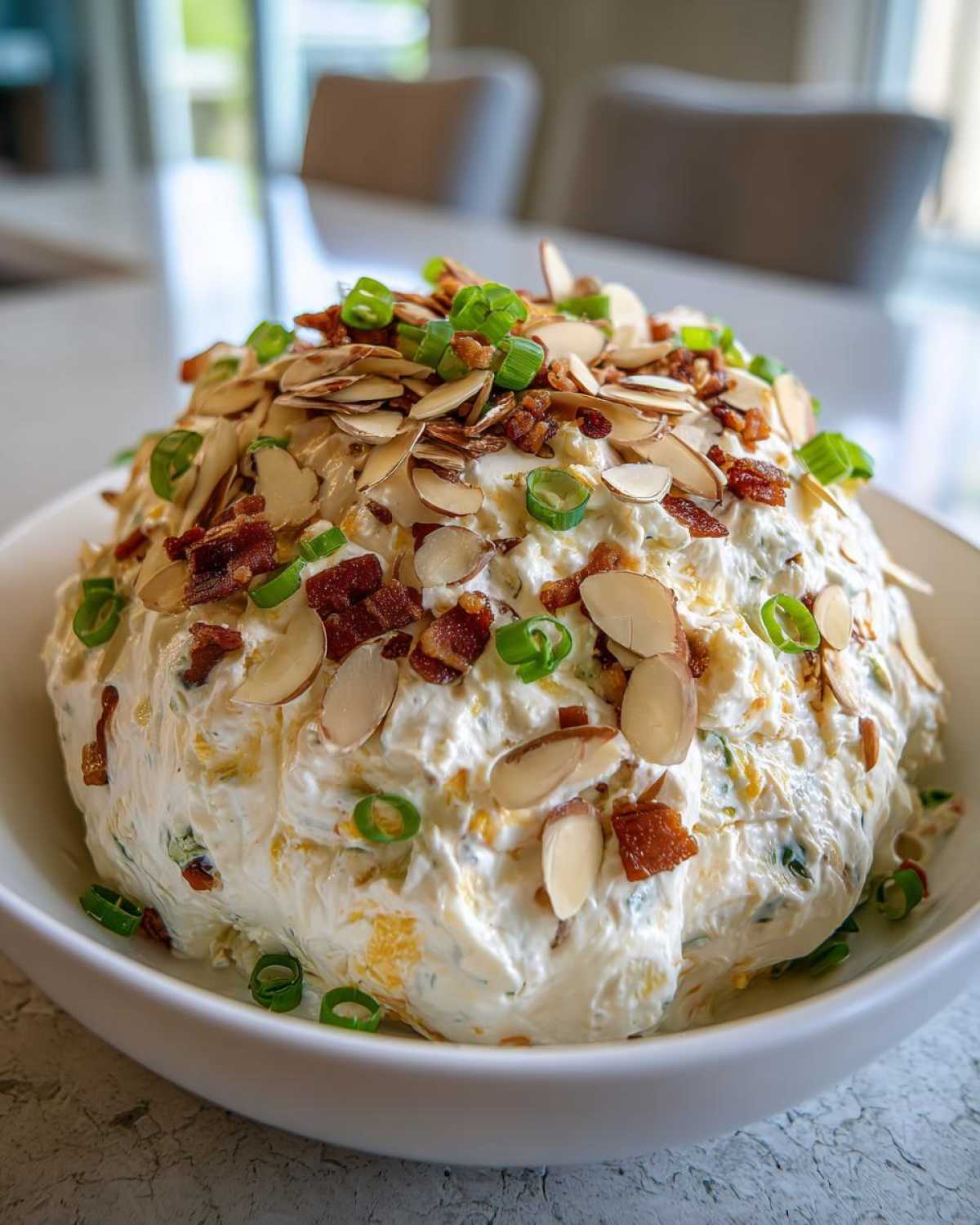 A mound of creamy Neiman Marcus dip topped generously with sliced almonds, bacon bits, and green onions.