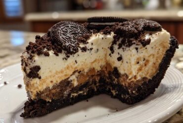 Cross-section of a rich peanut butter pie featuring a thick Oreo crust, creamy peanut butter layer, and whipped topping, garnished with Oreos.