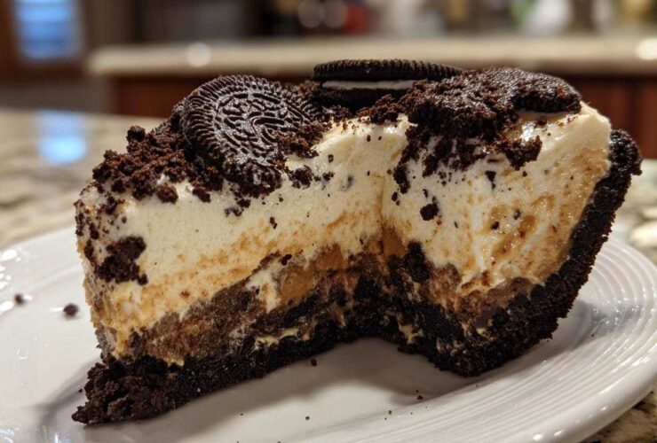Cross-section of a rich peanut butter pie featuring a thick Oreo crust, creamy peanut butter layer, and whipped topping, garnished with Oreos.