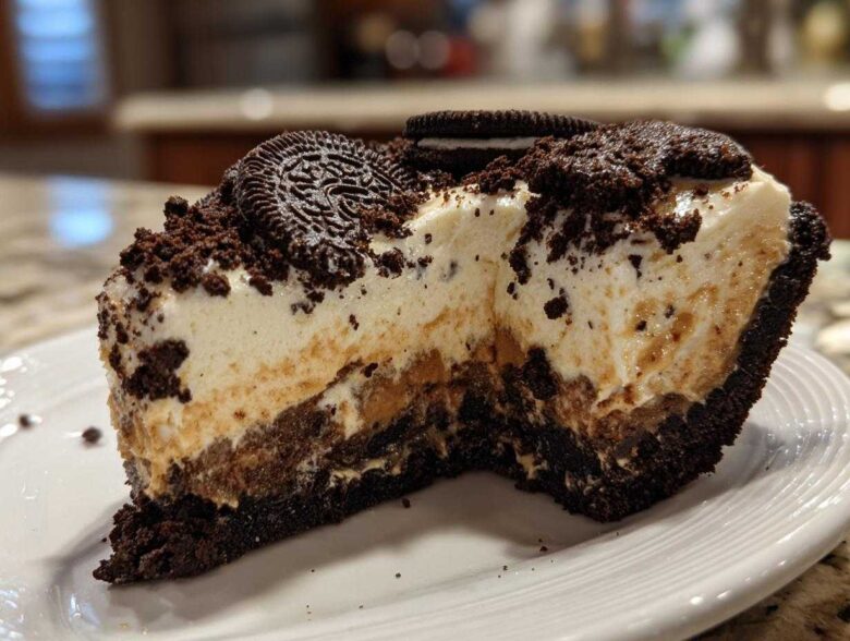 Cross-section of a rich peanut butter pie featuring a thick Oreo crust, creamy peanut butter layer, and whipped topping, garnished with Oreos.