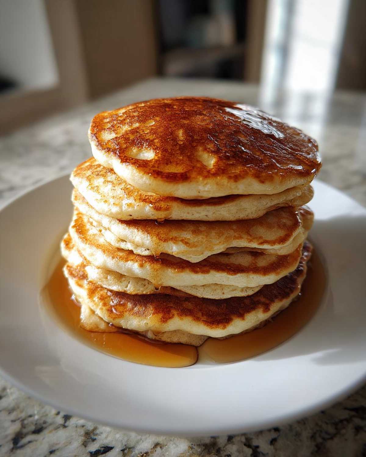 A tall stack of fluffy oatmeal pancakes drizzled with syrup on a white plate.