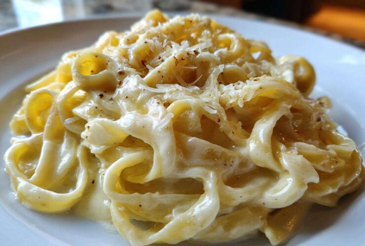 Close-up of fettuccine pasta generously coated in creamy Olive Garden Alfredo Sauce and topped with grated Parmesan.