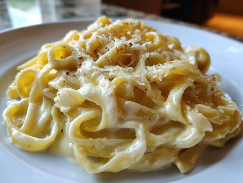 Close-up of fettuccine pasta generously coated in creamy Olive Garden Alfredo Sauce and topped with grated Parmesan.