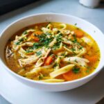 Close-up of a steaming white bowl filled with rich chicken noodle soup, featuring shredded chicken, carrots, and egg noodles.