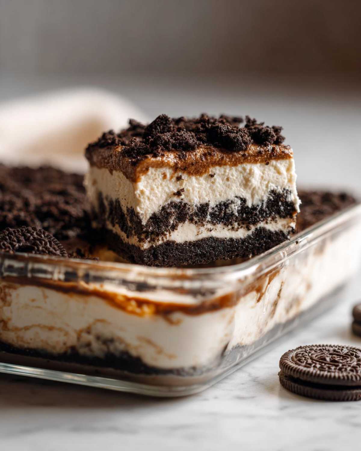 A perfect slice of creamy Oreo dirt cake showing layers of crushed cookies and cream filling, topped with more cookie crumbs.
